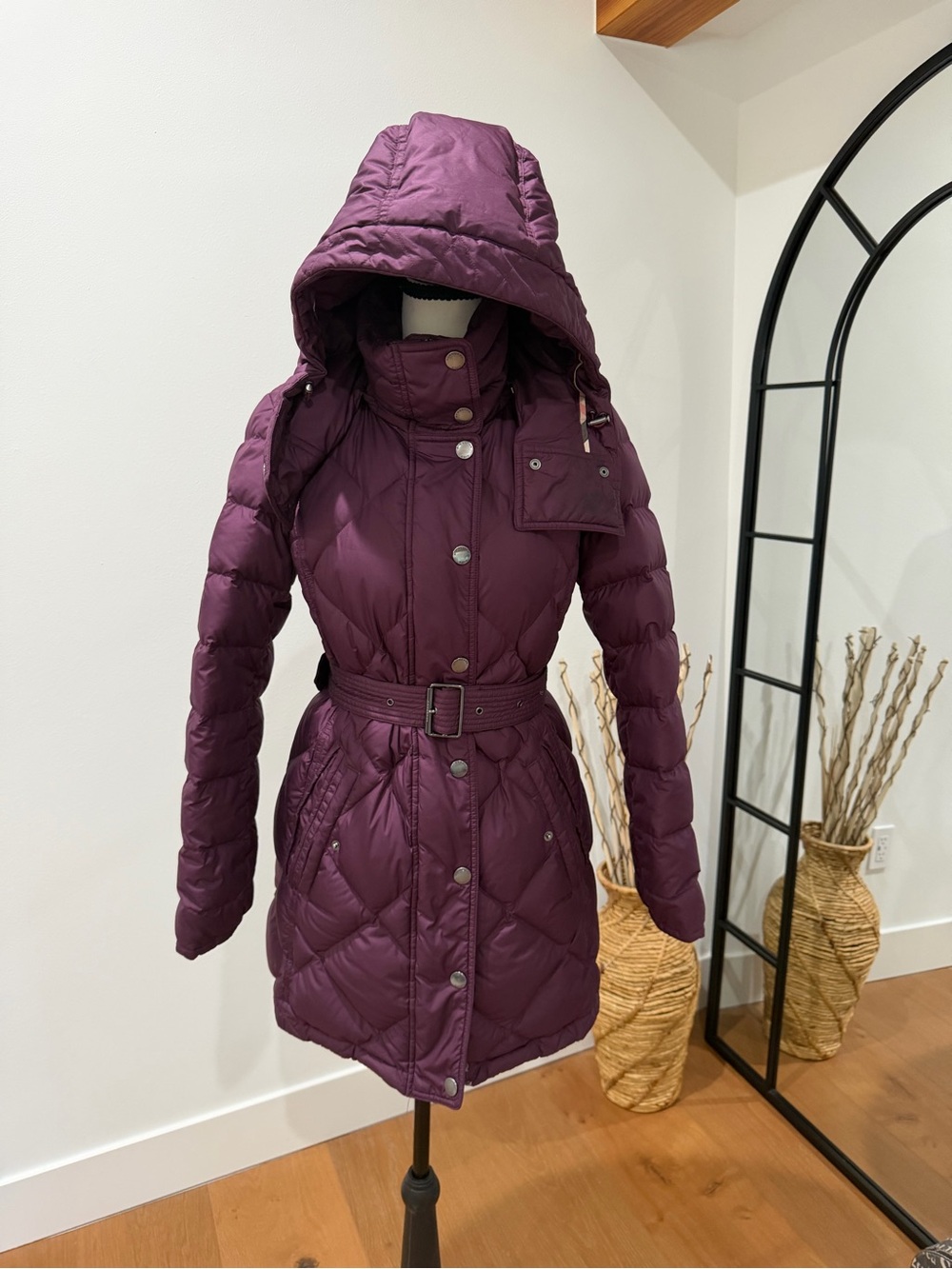 Burberry Quilted Hooded Belted Puffer Coat in Plum